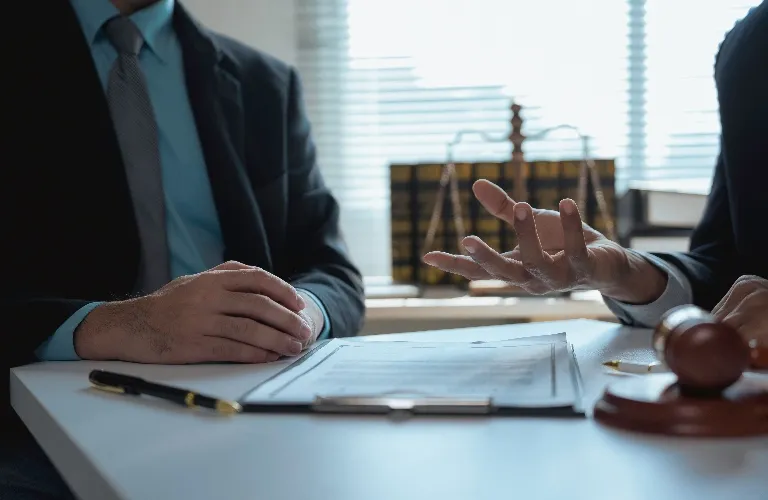 Two individuals in suits engaged in discussion over legal documents, with a gavel and scales of justice in the background.
