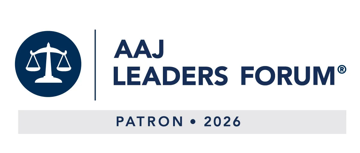Logo of AAJ Leaders Forum with scales of justice icon and text "Patron 2026" in navy blue.