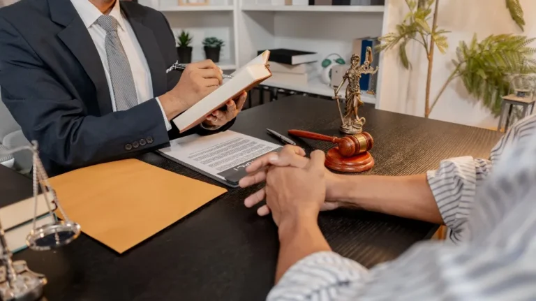 Two individuals at a desk in a legal office, with legal documents, a gavel, and Lady Justice statue.