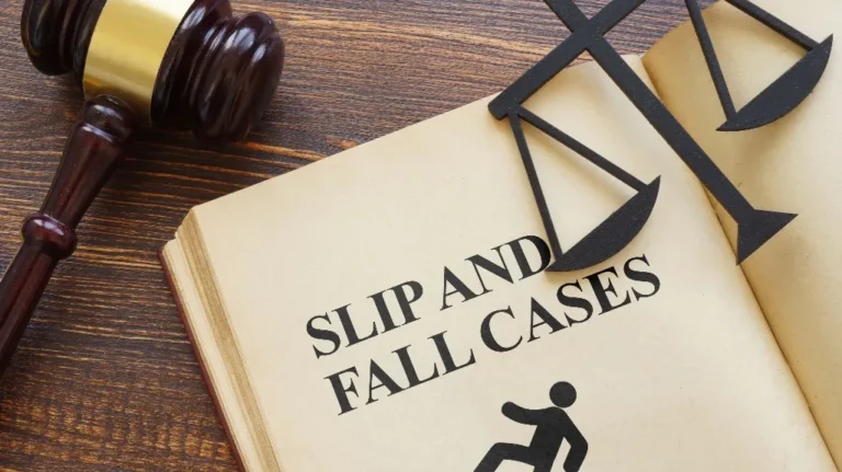 Open book with the text "Slip and Fall Cases," wooden gavel, and black scales of justice on a wooden surface.
