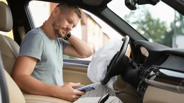Man in gray shirt sitting in car with deployed airbag, holding smartphone and touching neck.