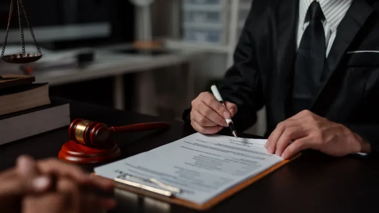 Person in formal suit signing legal document at desk with gavel and scales of justice.