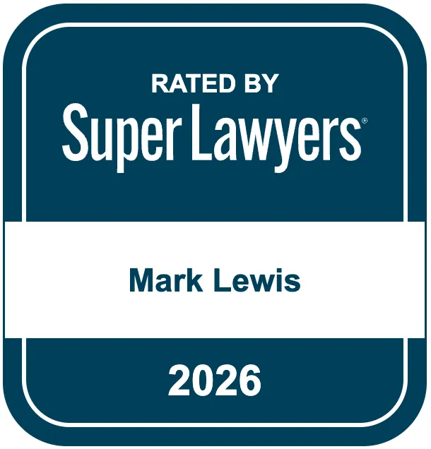 Blue and white badge with text "Rated by Super Lawyers," name "Mark Lewis," and year "2026.
