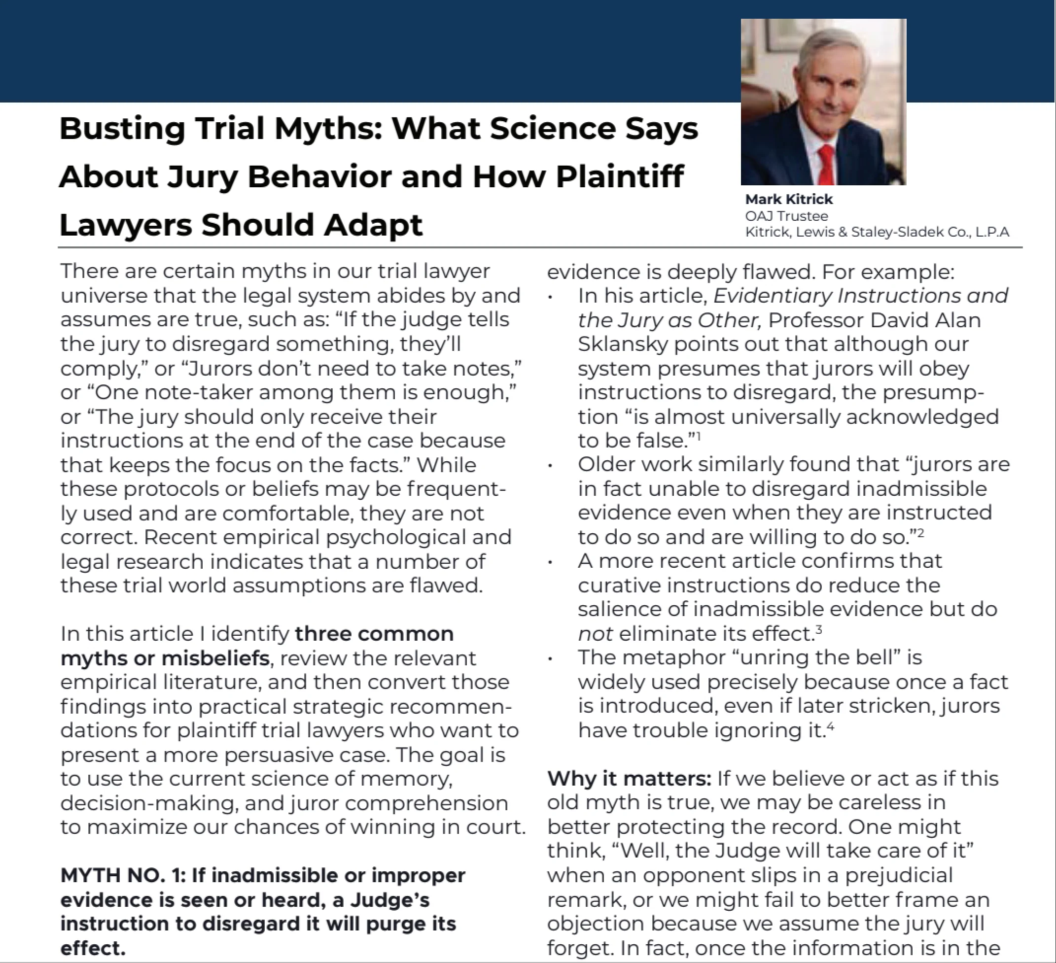 Article titled "Busting Trial Myths" with text discussing jury behavior, featuring a portrait of Mark Kitrick.