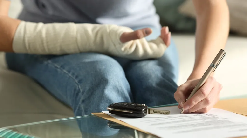 Person with a bandaged hand signing a document on a glass table with car keys nearby.
