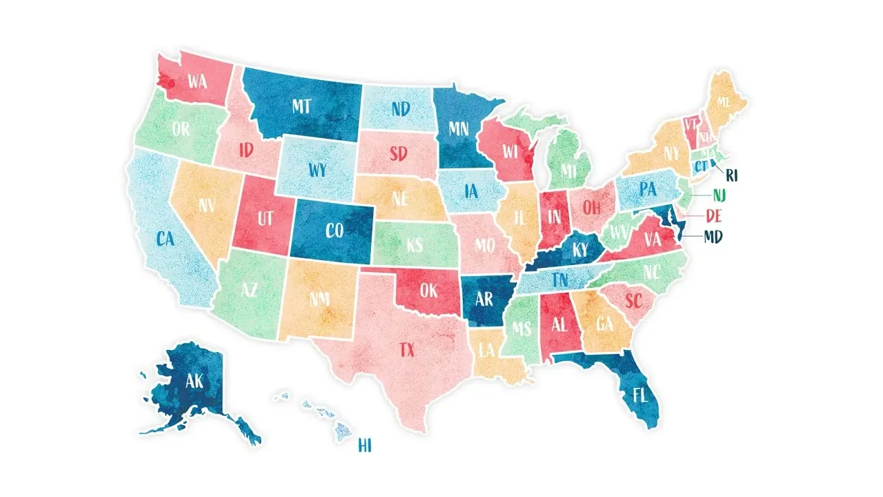 Map of the United States with each state labeled and color-coded in pastel shades of blue, green, red, and yellow.