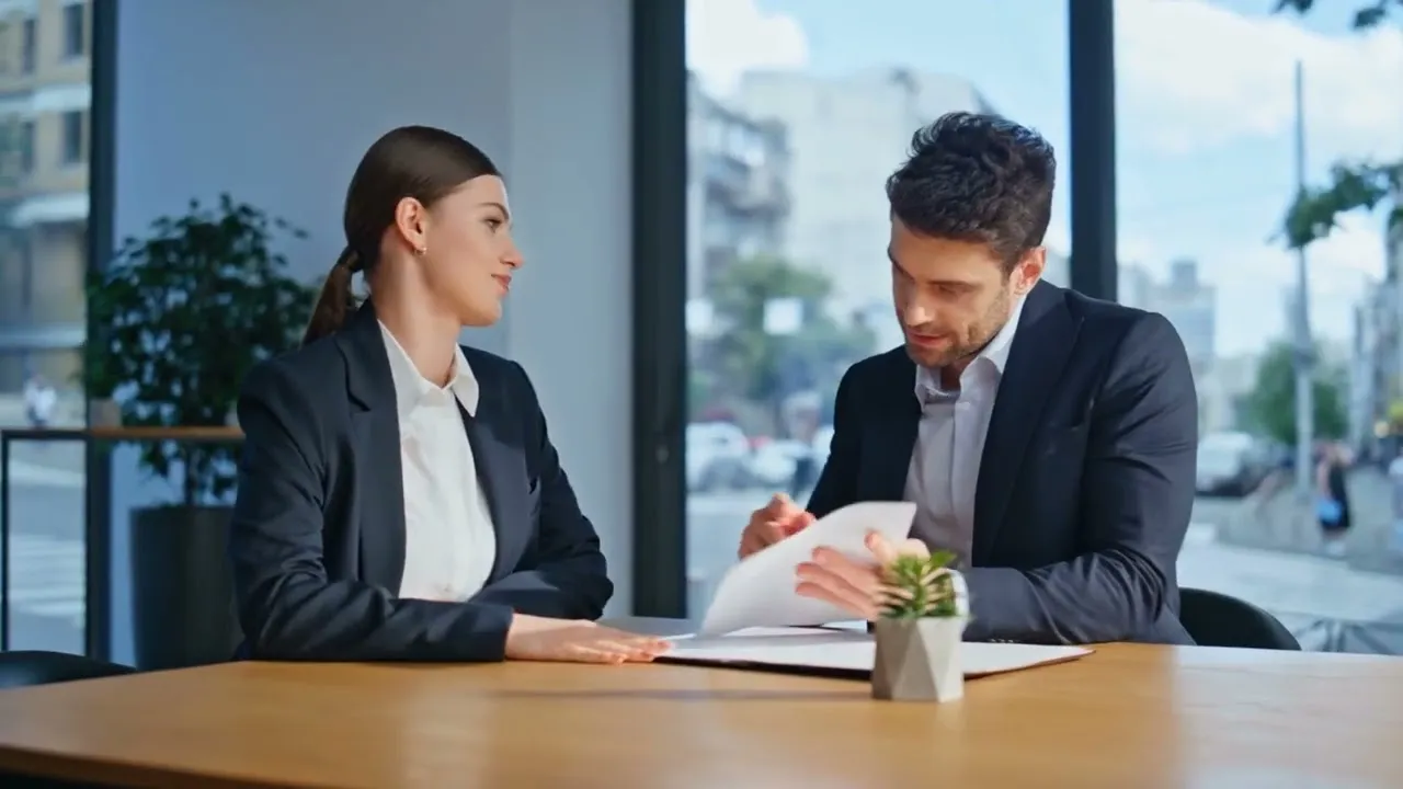 Two business professionals in dark suits reviewing documents at wooden table with small potted plant.