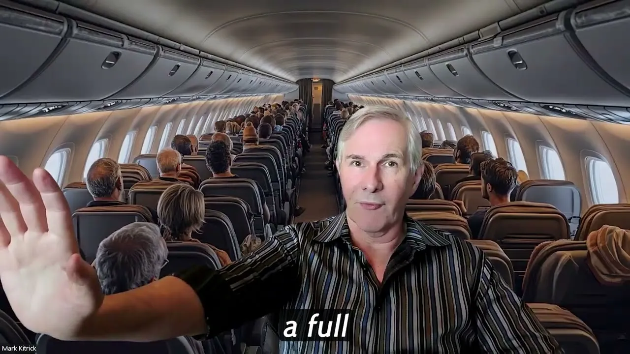 Middle-aged man with gray hair and striped shirt raising hand, airplane cabin full of seated passengers in background.