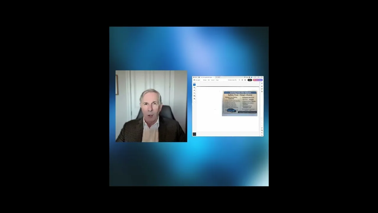 Video call screenshot with a middle-aged man in a suit and a presentation slide titled "Driving Into the Future: Safety First + Smart Choice.
