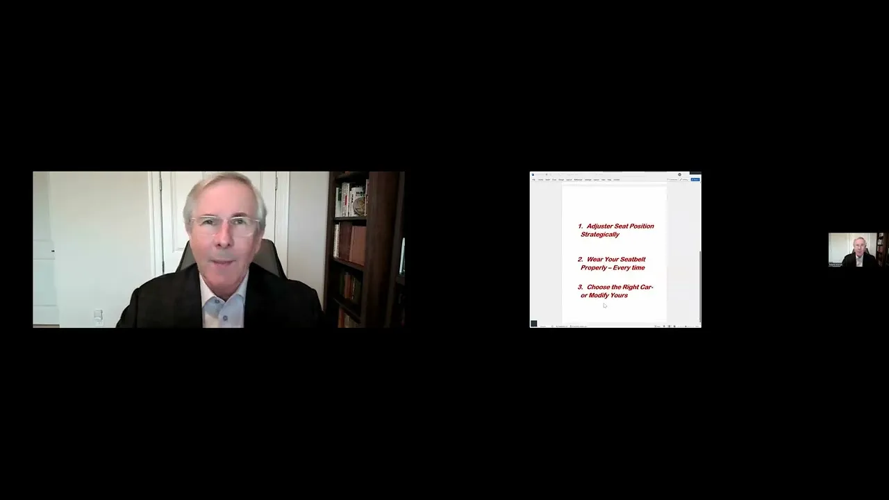Middle-aged man in a suit presenting via video call with a slide on seat safety tips.