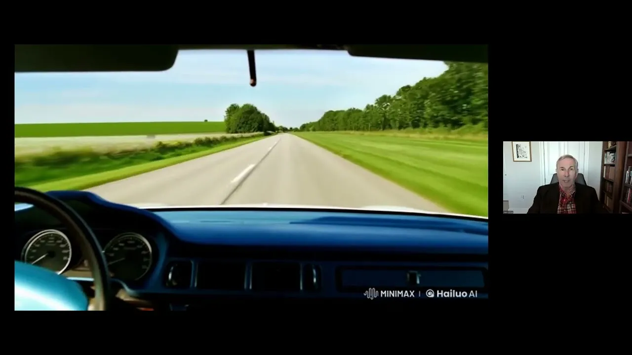 View from inside a car driving on a rural road with green fields and trees, video call inset with man speaking.