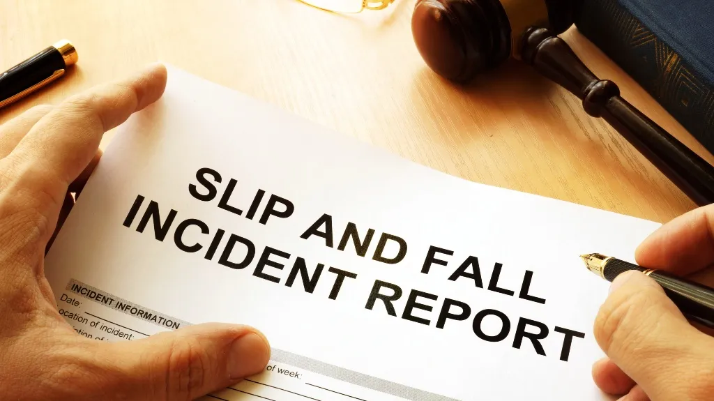 Person holding and writing on a slip and fall incident report form on a wooden desk.