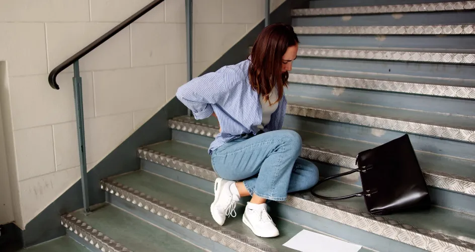 Woman in casual attire sitting on metal stairs, holding her lower back in apparent pain.
