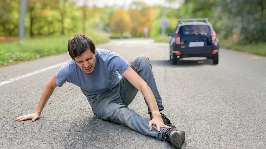 Young man in blue shirt sitting on road in pain, holding injured leg, car in background.